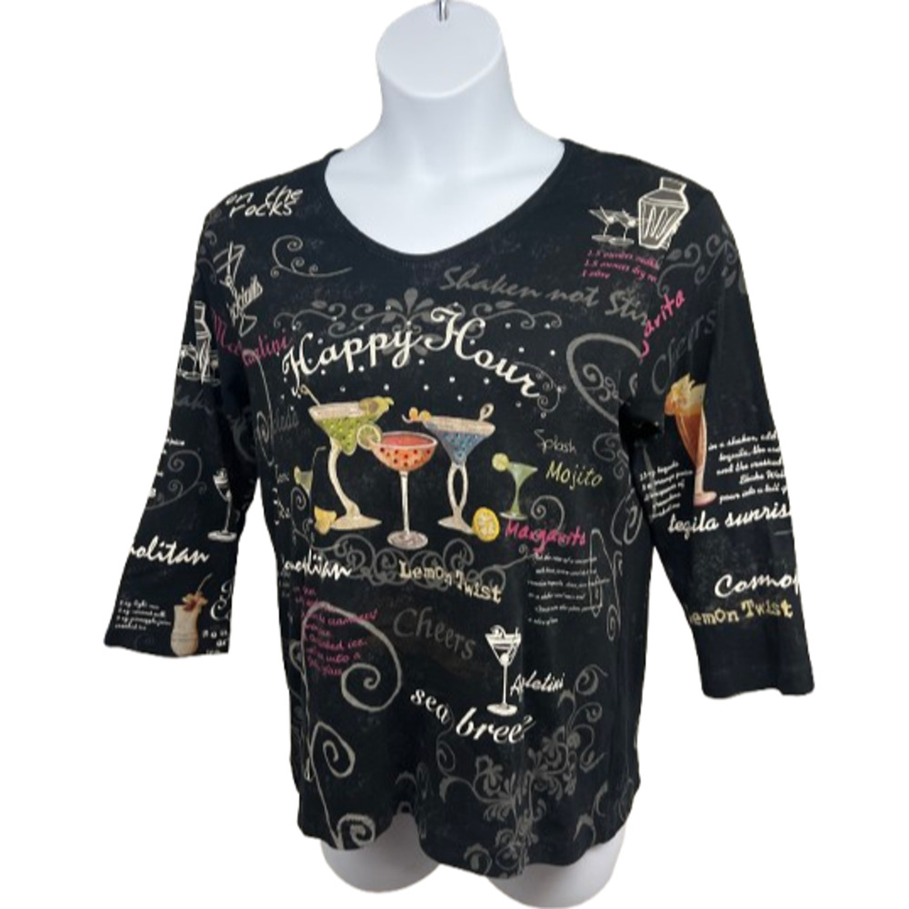 Cactus Bay Happy Hour Cocktails Black Top Shirt 2XL Bling All Over Print Stretch